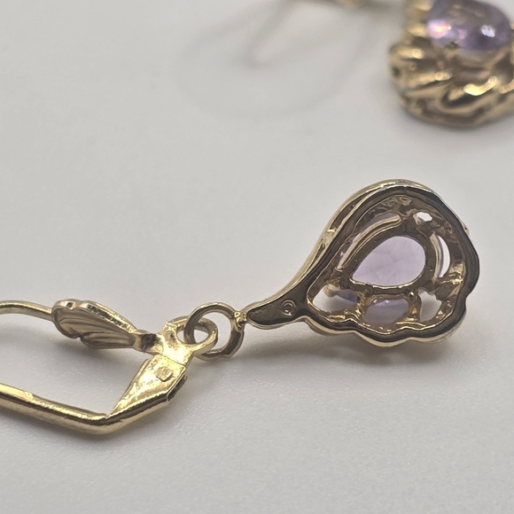 18K Yellow Gold Filled Amethyst Teardrop CZ Hoop Dangle Earrings - Picture 3 of 4